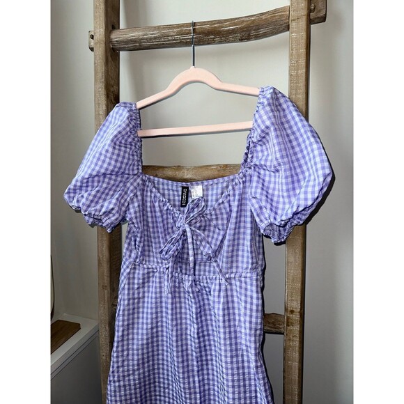 H&M PURPLE PLAID BABYDOLL DRESS WITH PUFF SLEEVES SIZE XS - Picture 1 of 7